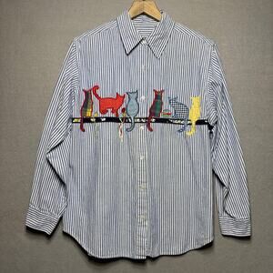 Two Twenty Striped Cat Print Button Shirt L XL Whimsical Quirky Kitties *FLAW